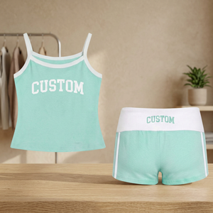Custom Mint Green Two-Piece <b>Set</b> Sleeveless Crop Top With White Waistband Shorts Sporty Summer Outfit Women's Knitted Wear - Product Image 1