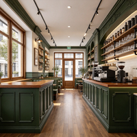 Design d'intérieur moderne pour boutique de bubble tea, comptoir de présentation de desserts en pierre, mobilier de boulangerie en bois, équipements pour café