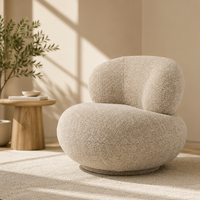 Fauteuil Lounge Rond Beige en Tissu Bouclé Texturé, Chaise d'Appoint Sculpturale avec Coussin de Dossier, Siège Moderne pour Salon