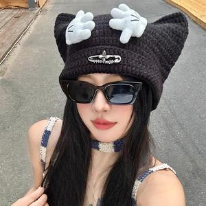 Bonnet mignon pour femmes broderie <span class=keywords><strong>3D</strong></span> impression numérique Protection chaude Plaid frisé dessin animé personnage oreilles à la main pour voyage - Product Image 6