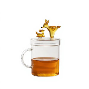 Handmade 3D Deer Figurine Lid Glass Mug High Borosilicate Heat Resistant Tea Cup with Handle Cute Animal Design Gift Glassware