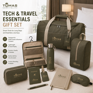 Custom Branding Travel Comfort Set With Duffel Bag Slippers Water Bottle Notebook Pen Sleep Mask Towel for Employee Wellbeing - Product Image 5