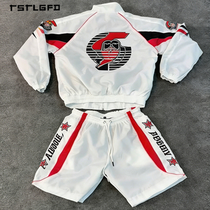 Survêtement en nylon patchwork personnalisé, style streetwear, fabricant de sweats à capuche légers zippés et shorts, ensembles de survêtements de haute qualité et tendance - Product Image 1