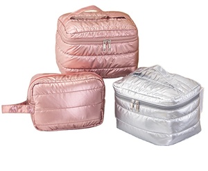<b>Waterproof</b> Quilted Travel Cosmetic <b>Bag</b> <b>with</b> <b>Zipper</b> Soft Fluffy Makeup Organizer Lightweight PU Leather <b>Tote</b> Toiletry <b>Bag</b> - Product Image 1