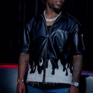 OEM Custom High Quality Distressed Applique Embroidery Pu Leather Zip up Jacket T Shirt for <b>Men</b> - Product Image 5