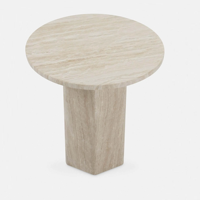Table basse ronde élégante en travertin naturel avec base hexagonale de style nordique pour salon ou loft