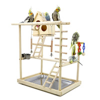 Support de jeu en bois massif naturel pour perroquet avec nichoir, branche à poser, échelle, jouet, balançoire et aire de jeux pour oiseaux