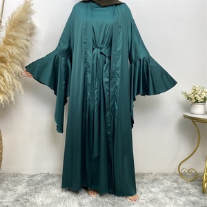 1925# Two Pieces Abaya Set Chic Lace up Waist Long Inner Dress and Ruffle Sleeves Cardigan Satin Material Eid Women Abaya - Product Image 2