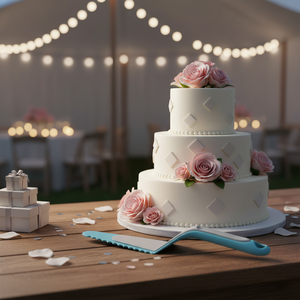 2 in 1 Eco-Friendly <b>Wedding</b> <b>Cake</b> Knife and Server Set <b>Box</b> of 120 Serrated Design with Rose and Square Shapes - Product Image 3