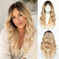 Perruque synthétique longue ondulée pour femme, blond miel foncé, effet vague d'eau, avec racine foncée, ligne de cheveux naturelle, bonnet en filet rose, résistante à la chaleur 150%