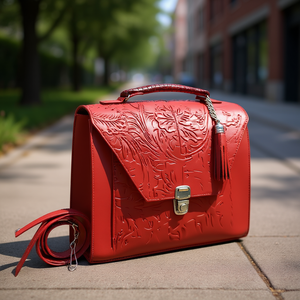 Sac fourre-tout en cuir de vachette pour femme Fana, design ciselé rouge, doublure en cuir véritable, fermeture à fermoir, bandoulière amovible - Product Image 2