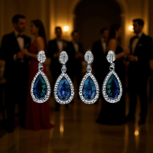 Orecchini pendenti classici da donna placcati in oro bianco con zirconi a taglio a pera e montatura a castone con strass per feste - Product Image 2