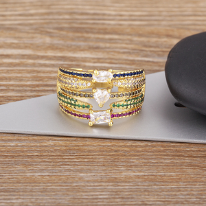 Qiku Bohemia Nhiều Lớp Cầu Vồng Pha Lê Có Thể Điều Chỉnh Nhẫn Đồng Zircon Hình Bầu Dục Hình Chữ Nhật Trái Tim Rhinestone Trang Sức Phụ Kiện Quà Tặng - Product Image 2