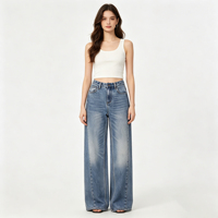 Jean en denim respirant à taille haute et jambe large pour femme, broderie boutonnée, style streetwear hip-hop, 100 % coton, hiver