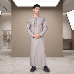 Mens <b>Light</b> Grey Arabic Thobe with Embroidered Round <b>Neck</b> Tassel Detail Long Sleeves Traditional Omani Dishdasha Robe - Product Image 2