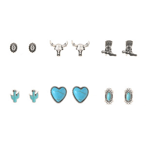 6 Pairs/Set Western Vintage Cowboy Style Bohemian Turquoise Stud Earrings Bull Head Horse <strong>Boots</strong> Alloy Ethnic Earrings <strong>Jewelry</strong> - Product Image 6