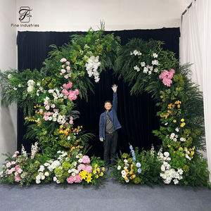 Toile de fond vert luxuriant avec décorations de mariage colorées rose, blanc et jaune et arche florale 8 pieds en soie 3D - Product Image 1