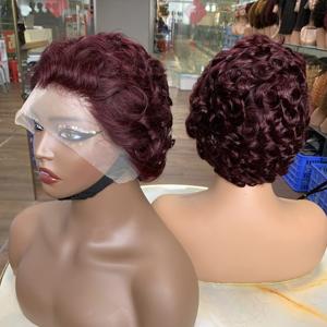 Cheap Price Color #99J Small Curl 13X4 <b>Lace</b> <b>Frontal</b> Short Pixie Cut Human Hair <b>Wigs</b> Short Curly <b>Wigs</b> - Product Image 1