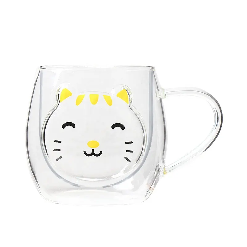 Креативная двойная термостойкая стеклянная чашка с мультяшным милым животным молочным соком, чашка с цветком, семейная чашка для влюбленных