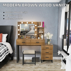 Table de maquillage et de toilette moderne en bois de pin brun de grande taille pour hôtel et salon, avec éclairage LED, vente en gros - Product Image 2