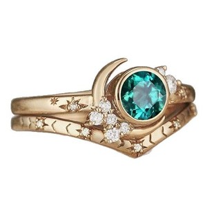 Gold Plated Star <b>Moon</b> <b>Ring</b> Green Diamond Prong Setting Women's Fashion Jewelry Gift - Product Image 5