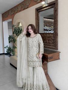 Elegant Women's 3 Piece Set Woven <b>Chiffon</b> Embroidered Long Sleeve O-Neck Top with Full Length <b>Skirt</b> and Dupatta All Seasons - Product Image 3