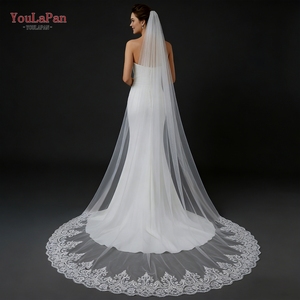 Voile de mariée cathédrale élégante YouLaPan V70 avec longue traîne, voile de mariée monocouche à bordure en dentelle avec peigne à <span class=keywords><strong>cheveux</strong></span> en métal - Product Image 3