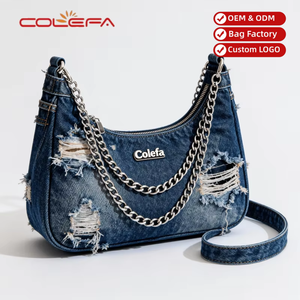 Colefa <span class=keywords><strong>VIP</strong></span> Fashion Half Moon Ladies Shoulder Crossbody Bags Ripped Denim Fabric Bolsos de mujer Diseño dañado Denim Clutch Bag - Product Image 1