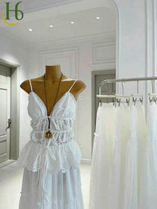 Conjunto de Dos Piezas: Camisola Blanca de Algodón Sólido y Falda Larga, Manga Larga, Sin Cuello, Transpirable, Corte Regular, Cómodo - Product Image 5