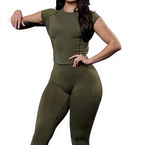 Olive <b>Green</b> 2 Piece Yoga Set Crew Neck <b>Crop</b> <b>Top</b> High Waist Full Length Seamless Solid Color Active Wear - Product Image 4