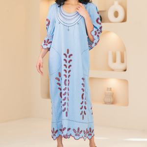 Elegante Vestido Personalizado de Lino y Algodón con Cuello Redondo, Dobladillo Festoneado, Manga Corta, Midi, Vestido de Verano para Mujer - Product Image 1