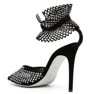 Sandalias de tacón alto de gamuza con correa al tobillo y diamantes para mujer, estilo peep toe, para verano y exteriores - Product Image 4