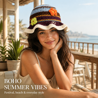 Chapeau Bob en Crochet Fait Main Style Bohème avec Bord Volanté et Fleur, Chapeau de Soleil d'Été en Crochet pour Femme