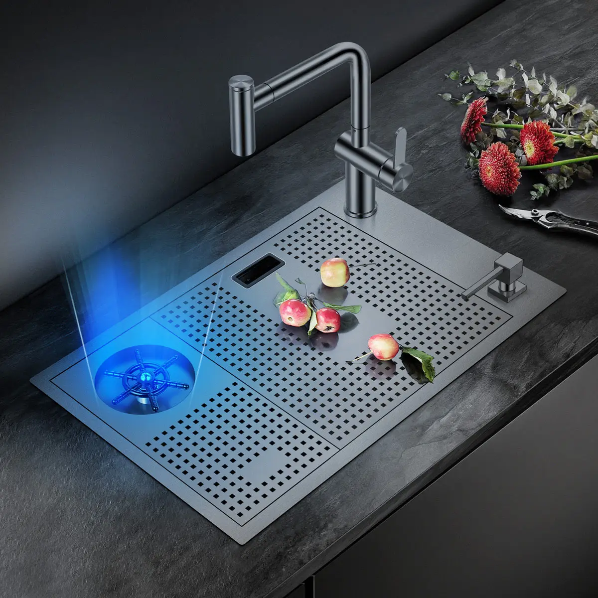 Kitchen tap drainer With Intelligent Flip Cover SUS304 Sink High-quality Handmade Hidden kitchen sink cup rinser water sprinkler