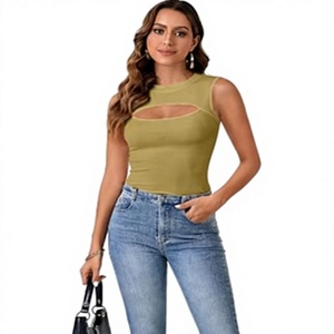 Top sin mangas de punto verde oliva para mujer, cuello redondo, estilo sexy para discoteca, longitud regular - Product Image 6