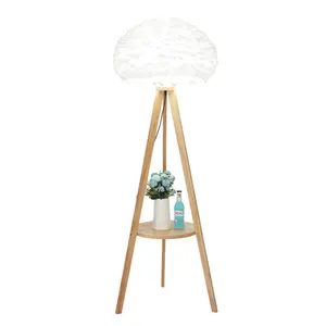 Modern Nature Design Feather Shade Wooden Floor Standing Lamp For Living Room