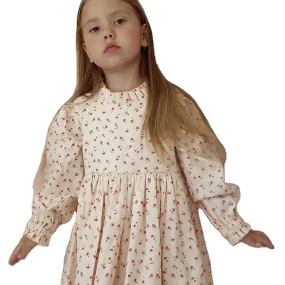 Kustom Australia UK gaun anak perempuan kecil musim gugur butik Ruffles kerah gaun anak-anak kasual kancing kayu gaun Linen anak perempuan