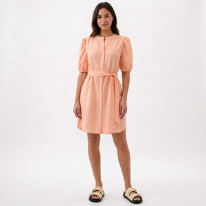 Nuevo Vestido Midi Bohemio de Algodón con Mangas Abullonadas, Cuello Mandarín, Botones, Casual, Color Durazno, Elegante, Cintura Imperio, para Verano - Product Image 1