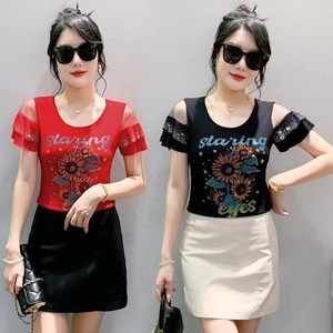Factory Supply Women's Tee <strong>Tops</strong> Rhinestone <strong>Sunflower</strong> Short Sleeves Custom Pattern Mesh Sleeve T-Shirts for Girls - Product Image 2
