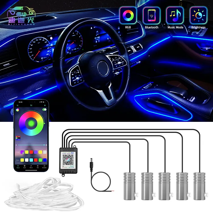 자동차 액세서리 인테리어 장식 분위기 조명 12V RGB LED 광섬유 자동차 LED 스트립 앱 자동차의 주변 조명