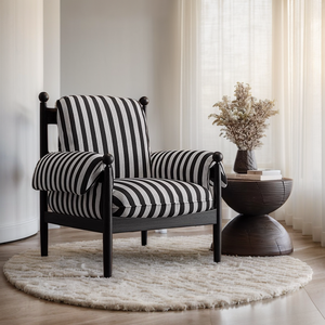 Fauteuil rétro Wabi Sabi français en bois massif avec dossier haut et revêtement en coton et lin pour salon - Product Image 4