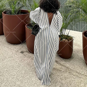 GX7245A abbigliamento di moda Boutique abito lungo largo a manica corta con stampa a strisce eleganti Maxi abiti senza scollo a V - Product Image 6