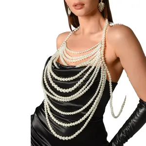 Woman Body Chain Poncho Bead Girl Pearl Vest White Beach Wear Camisole Backless Bikini Party Women's Tank Top 2024