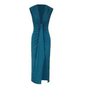 2025 Sexy cuello en V vestido largo azul de corte bajo de cintura alta vestido de noche de mujer elegante sin mangas ahuecado vestido de cóctel dividido - Product Image 5