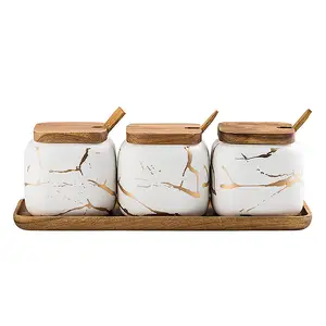 Marmor Keramik Gewürz dosen mit Holzdeckel Porzellan Gewürz dosen Set 3 Stück Keramik Gewürz Gewürz Töpfe