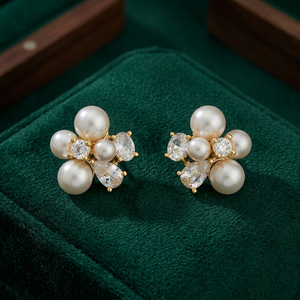 Floral <b>Stud</b> <b>Earrings</b> for Wedding & Party | Rhodium Plated Zinc Alloy & Pearl | Trendy Design | Flower Shape - Product Image 2