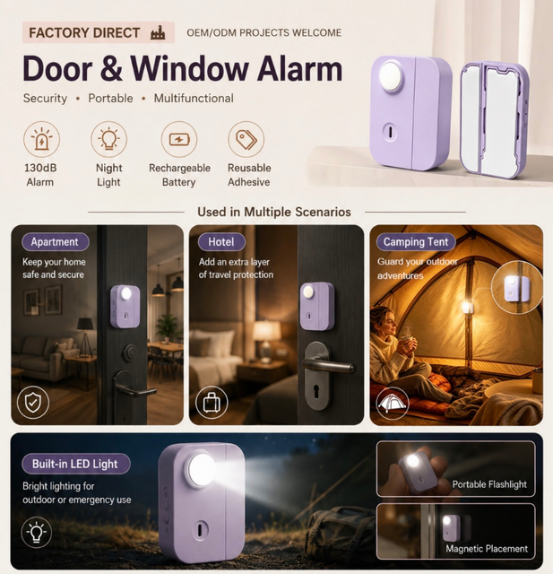 Rechargeable Personal Safety Door Window Sensor for Travel Safety Camping Tent 130db Loud Siren Built in Flashlight