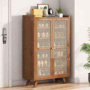 Mobile Portascarpe Moderno <span class=keywords><strong>in</strong></span> <span class=keywords><strong>Legno</strong></span> Massello e Rattan Intrecciato, Scaffale Multilivello per Scarpe da Soggiorno - Product Image 3