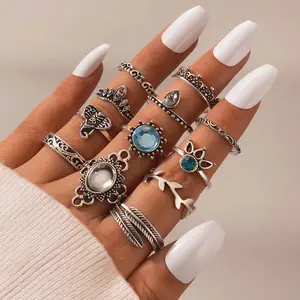 Go Party Fashion Jewelry opale Stone Water Drop Knuckle Rings Set donna Blue Crystal strass Elephant Leaf Crown anelli da dito