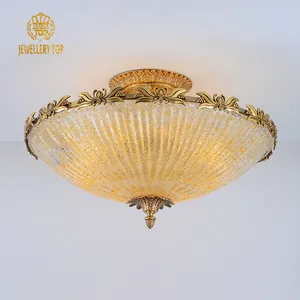 Baroque Glass Panel Shade Antique Brass Handmade Copper Lamp Vintage Classic Hanging Ceiling Light